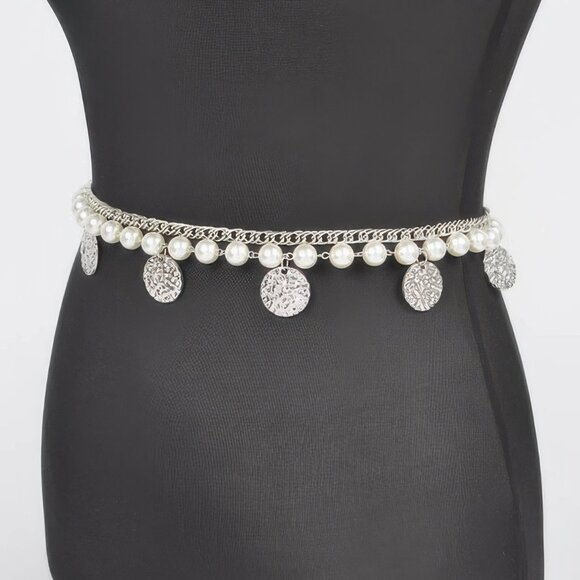 Faux Pearl Round Metal Chain Belt - Picture 4 of 4